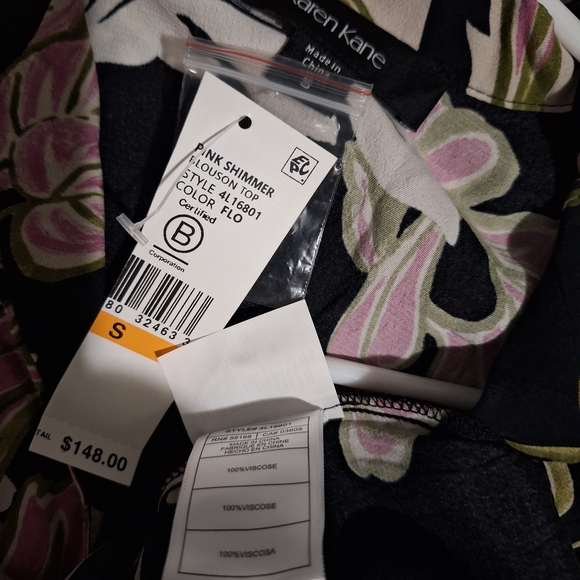 Karen Kane Black Blouse with Pink and Cream Floral Design - Picture 5 of 8